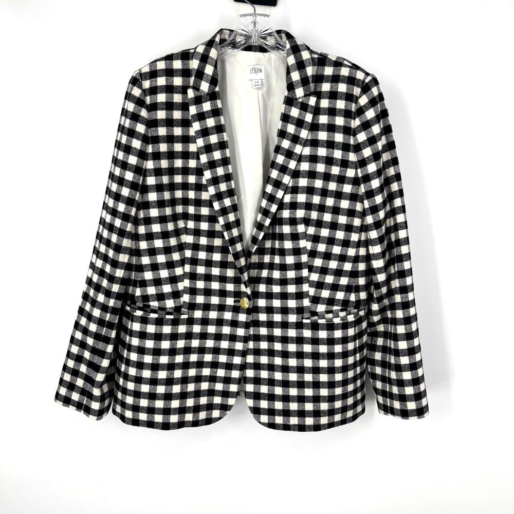 J. Crew Factory Wool Blend Blazer 14 Buffalo Check Black Career Preppy Old Money